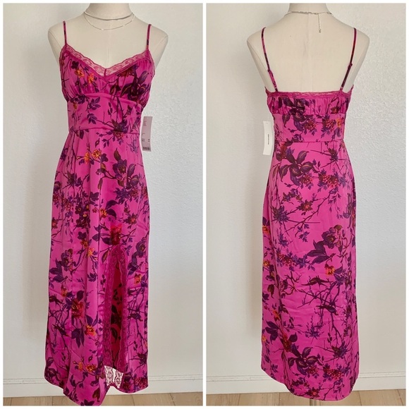 UO Purple Magenta Floral Tropical Print Satin Midi Side Slit Slip Dress - Picture 4 of 16